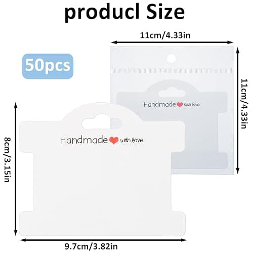 Piriuuo 50 Pcs Bracelet Display Cards with Clear Bags, Bracelet Packaging for Small Business Jewelry Display Card Handmade with Love Jewelry Tags for Selling Hair Ties, Bracelets, Necklace (White) thumbnail 2