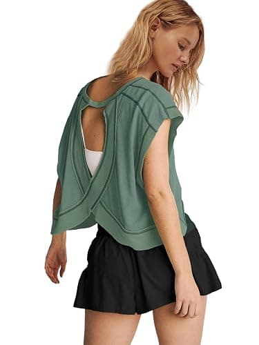Panadila Womens Open Back Workout Top Oversized Workout T Shirts Backless Athletic Shirt Short Sleeve Baby Tee thumbnail 4
