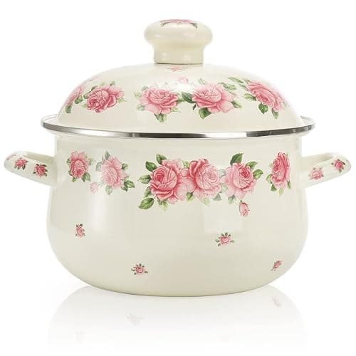 SOUJOY Enamel Stockpot with Lid, 2.8 Quart Retro Cooking Pot, Vintage Floral Stew Bean Simmer Pot with Handle, Kitchen Soup Pot, Safe for Induction Cookers, Gas Stove - Image 1