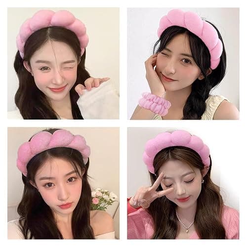 Tetizo Spa Headbands for Washing Face Wristband Set Sponge Makeup Skincare Headband Wrist Towels Bubble Soft Terry Towel Cloth Hairband for Women Puffy Headwear Non Slip Thick Hair Headwear (Pink) thumbnail 4