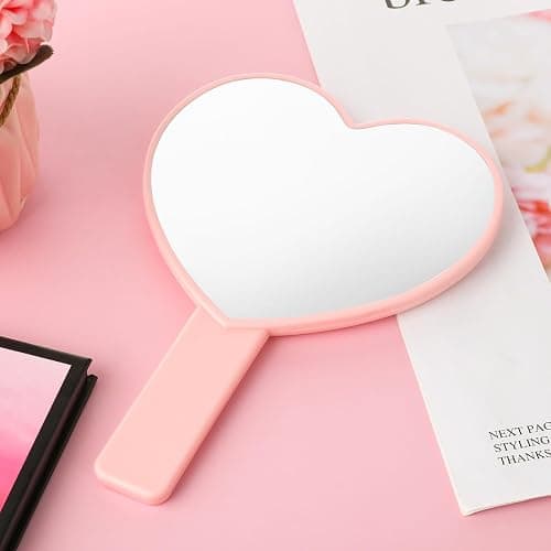 Dimeho Heart-Shaped Travel Handheld Mirror, Heart-Shaped Makeup Hand Mirror with Handle, Portable Cosmetic Mirror for Women (Pink) thumbnail 5