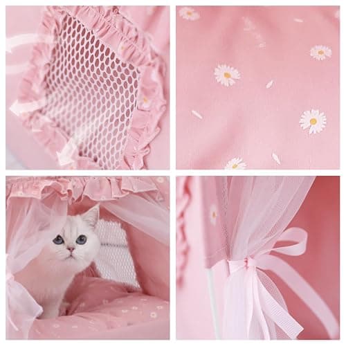 Selena Cat Bed Tents Dog House Indoor Outdoor Lace Mesh Breathable Windows Door Curtains Removable Portable Nest Teepe House (Small,Pink(Ruffled Teim)) thumbnail 2