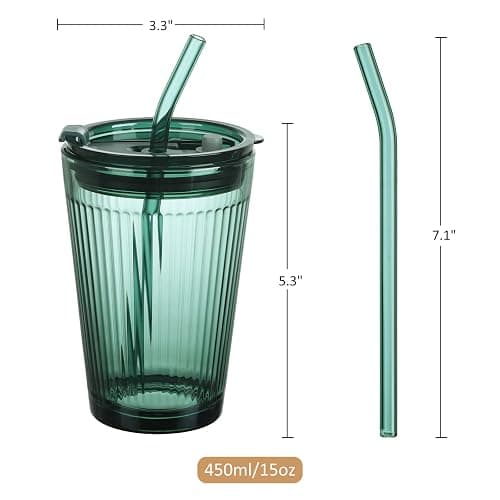 Joeyan Glass Tumbler with Straw and Lid,Green Glasses Water Cup with Straw,Colored Glass Drinking Jars for Juice Beverages Iced Coffee Tea Smoothie Soda Milk,15 oz,Set of 2,Dishwasher Safe thumbnail 3