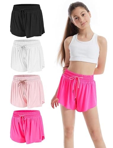 Celfaeree 3-4 Packs Girls Flowy Butterfly Shorts Athletic 2 in 1 Running Active Skirt Shorts, Workout Short for Kids Teens - Image 1