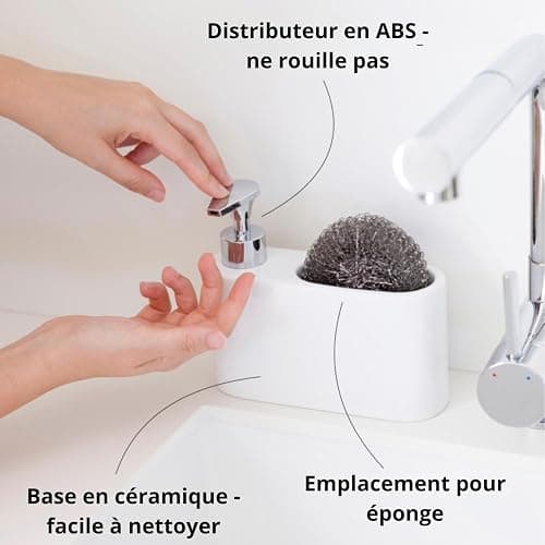 KOOK TIME Distributeur Liquide Vaisselle Porte Eponge pour Cuisine | Distributeur Savon Liquide pour Les Mains avec Espace Porte éponge | Porte Savon Cuisine | Matériel: céramique | Couleur: Blanc thumbnail 5