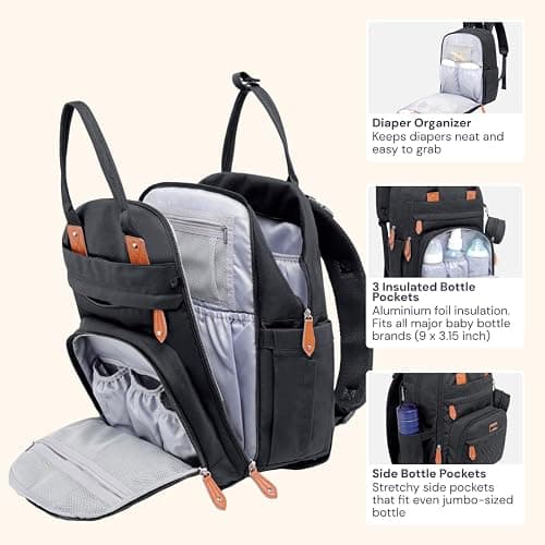 BabbleRoo Diaper Bag Backpack - Baby Essentials Travel Tote - Multi Function Water Resistant Diaper Bag, Travel Essentials Baby Bag with Changing Pad, Stroller Straps & Pacifier Case - Unisex, Black thumbnail 4