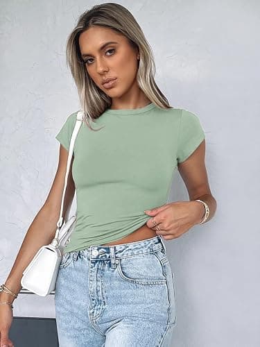 Zeagoo Women Crewneck Slim Fitted Short Sleeve T Shirts Cute Stretchy Bodycon Basic Tee Tops thumbnail 3
