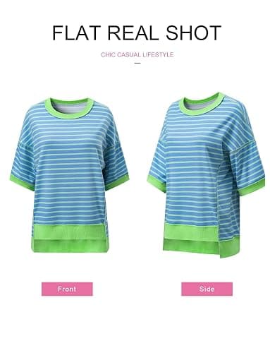 SHEWIN Womens Tops Casual Short Sleeve Sweatshirt Crewneck Striped Shirt Pullover T Shirts Loose Blouses thumbnail 5
