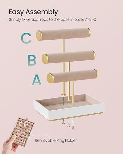 SONGMICS Bracelet Holder Stand, Jewelry Display Stand, Jewelry Organizer, with 3 Tiers and Velvet Tray, Removable Ring Holder, Cloud White and Camel Brown UJJS027A01 thumbnail 6