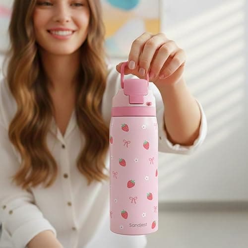 Strawberry Bow Insulated Stainless Steel Water Bottle with Straw for Sports and Travel, 32oz, Gifts for Women Girls Friends Teens Birthday Christmas thumbnail 2