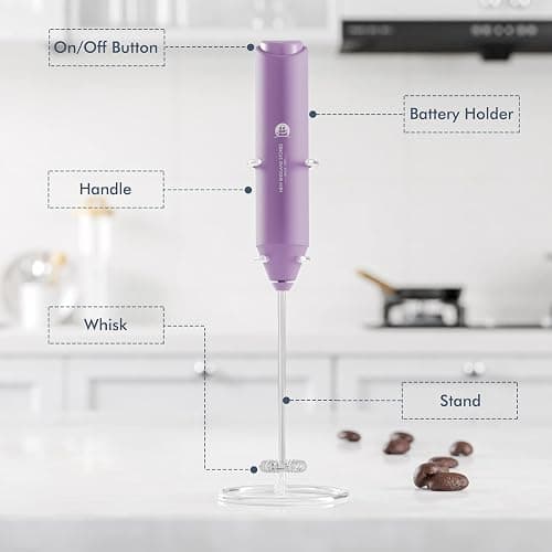 Powerful Milk Frother Handheld Foam Maker, Mini Whisk Drink Mixer for Coffee, Cappuccino, Latte, Matcha, Hot Chocolate, With Stand, Light Purple thumbnail 4