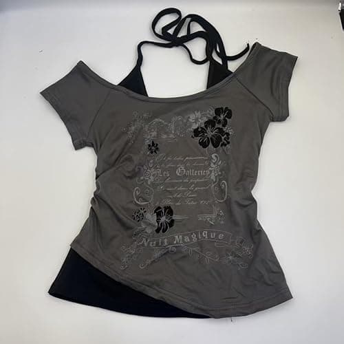 Emo Grunge Shirts Women 2000s Graphic Baby Tees Fake Two Piece Short Sleeve Vintage Y2k Crop Top Goth Alt Clothes - Grey Flower - Large thumbnail 3