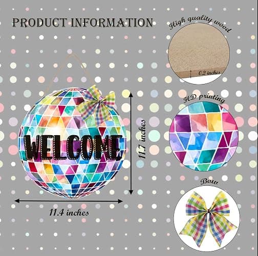 OLMIXA Colorful Disco Ball with Bow Wooden Hanging Sign (11.4x11.7inch), Disco Ball Welcome Door Hanger Sign, Shiny Welcome Sign for Dance Party Girl Bedroom Apartment Classroom Decor thumbnail 3