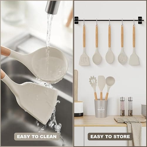 FIOUSY Kitchen Utensil Set, 12 PCS Silicone Cooking Utensils Set with Wooden Handle, Heat Resistant, Nonstick Cookware Tongs Spatula Spoon Set, Dishwasher Safe, Best Kitchen Tools (Khaki) thumbnail 5