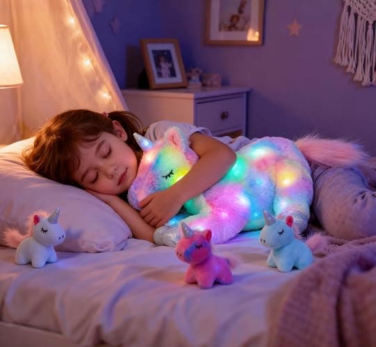 Hopearl LED Plush Unicorn Lighting Up Stuffed Mommy Unicorn with 3 Baby Unicorns in her Tummy Stuffed Animal Playset Night Lights Glow in The Dark for Mom Toddler Girls, Rainbow, 19'' thumbnail 2