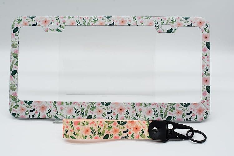 2-Pack Cute Pink Floral Green Leaves License Plate Frames for Women, 2 Holes Pink Flower and green foliage License Plate Holder, Floral License Plate Cover fits US Vehicles with Keychain Wrist Lanyard thumbnail 7