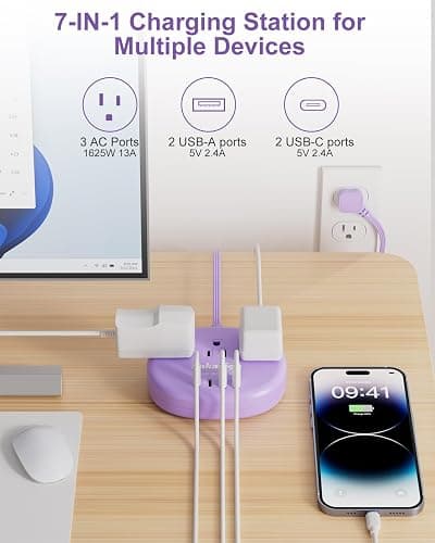 Purple Extension Cord with USB C - 5 FT Flat Power Strip, 1625W Cute Extension Cord with 3 AC Outlet 4 USB (24W/4.8A), Compact for Cute Purple Kawaii Lavender Accessories thumbnail 5