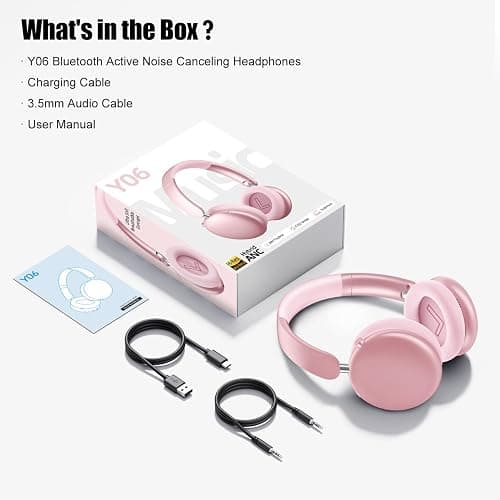 Wentronic Y06 Noise Cancelling Headphones,58H Playtime and 5 EQ Music Modes Wireless Over Ear Bluetooth Headphones with Microphone,Lossless Audio,Multipoint Connection,Foldable,Lightweight,Pink thumbnail 7