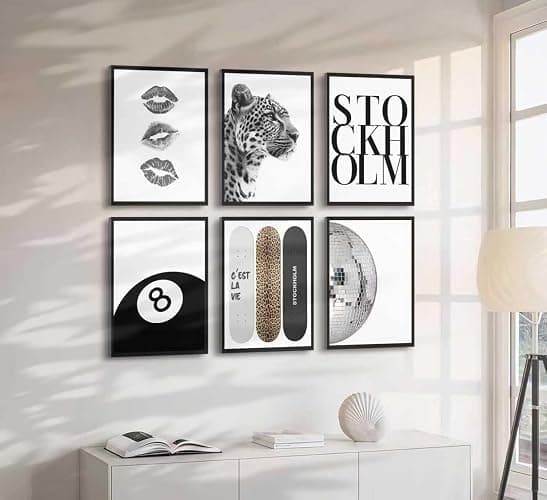 Fashion Trendy Leopard Wall Art Set of 6 Stockholm Preppy Room Painting Picture Wall Decor Black White Aesthetic Cheetah Poster Print Artwork for Girls Bedroom Dorm Apartment Home Decoration Unframed thumbnail 7