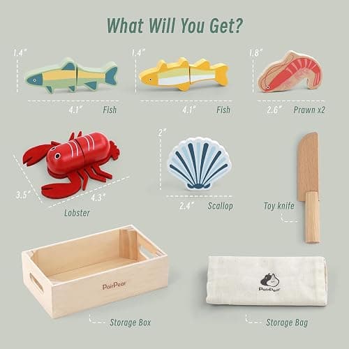 PairPear Wooden Toy Play Food Cutting Seafood Set for Kids Kitchen | Toddlers Wooden Toy Food Pretend Play Kitchen Accessories, Cutting Food Cooking Toys Gift for Boys Girls 3 4 5 + thumbnail 4
