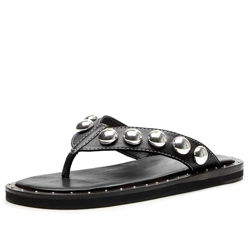 Riekhany Studded Thong Sandals for Women Round Clip Toe Slip On Flip Flops Slides Comfortable Contrast Tacked Slipper Shoes - Image 1