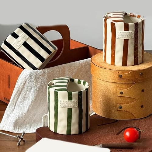 Retro Striped Ceramic Mark Hand-Painted Cup, Vintage Hand-Held Double-Enjoy Cup, Unique Ceramic Coffee Milk Tea Mug, Non Slip Hot Cold Drinks Mug, For Christmas Holiday Winter Gift (Black) thumbnail 2
