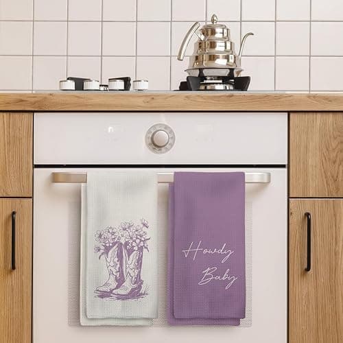 Tzhim Western Kitchen Towels, Preppy Cowboy Hand Towels, Black Cowgirls Boots Floral Rodeo Dishcloths Tea Towel for Kitchen, Vintage Retro Howdy Baby KitchenBathroom Decor Set of 2, 16x24in(Purple) thumbnail 2