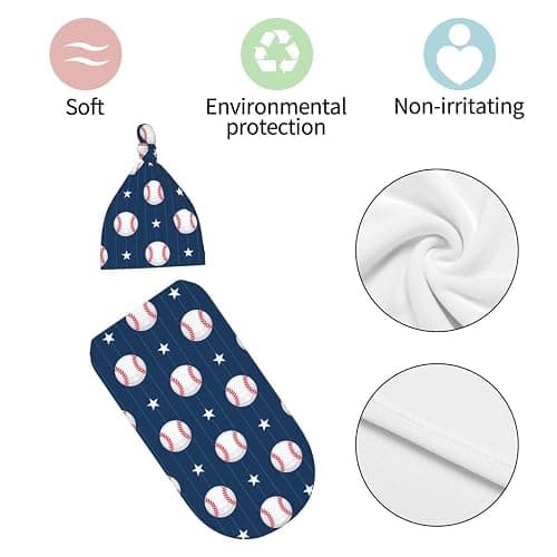 Cute Baseball Print Baby Stuff Swaddle Blanket Hat Set for Boys Girls, Soft Newborn Swaddle Wrap Blanket Shower Gift thumbnail 7