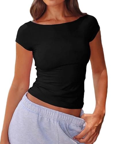 Beumissy Women's Boat Neck Short Sleeve T-Shirts Y2K Cute Going Out Tops Summer Baby Tees - Image 1