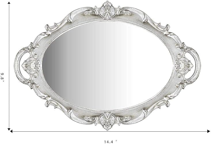 Yamfurga Oval Decorative Mirror Tray, French Style, Makeup Organizer, Jewelry Organizer, Serving Tray, 9.8"x 14.6", Golden Silver thumbnail 2