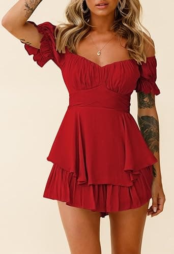 Fixmatti Women Boho Romper Off Shoulder Ruffle Chiffon Shorts Jumpsuit Playsuits thumbnail 2