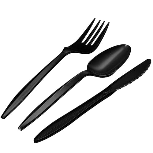 1,000 Plastic Disposable Cutlery Bulk Variety Pack Black Medium Weight Includes 334 forks, 333 knives, 333 soup spoons, Disposable Silverware Plastic Cutlery thumbnail 8