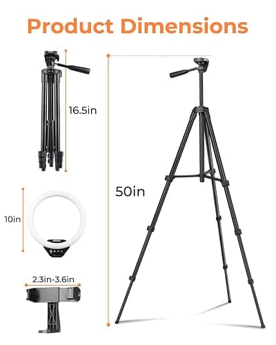 Sensyne 10'' Ring Light with 50'' Extendable Tripod Stand, LED Circle Lights with Phone Holder for Live Stream/Makeup/YouTube Video/TikTok, Compatible with All Phones thumbnail 4