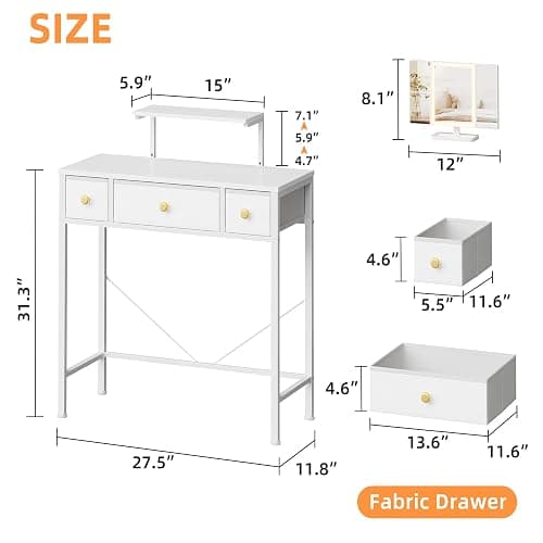 HIGDBFE Small Makeup Vanity Desk 27.5''W with Mirror and Lights, Vanity Desk with 3 Fabric Drawers and Height-Adjustable Stand, Vanity Table for Girls Gifts, Bedroom and Small Spaces, White thumbnail 2