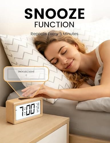 aboveClock Digital Alarm Clock, Wooden Bedside Clock with Large LCD Backlit Display, Temperature, Snooze Function, Brightness Sensor, 3 AAA Battery Operated【Battery NOT Included】 thumbnail 5