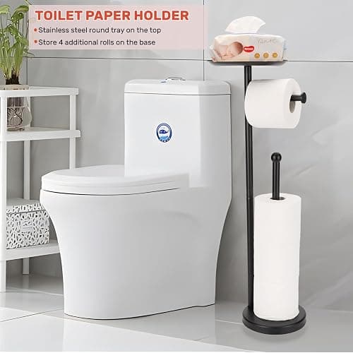 Sfemn Black Toilet Paper Holder Stand, Freestanding Toilet Paper Holder with Shelf for Small Items, Toilet Paper Stand with Storage Space for 4 Extra Toilet Paper Rolls - Black Matte thumbnail 5