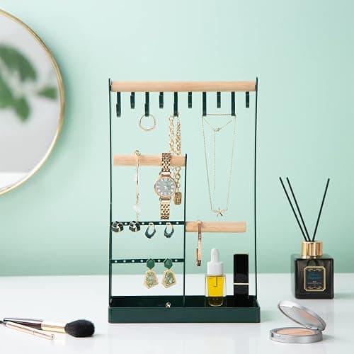 ProCase Jewelry Stand Holder Organizer, 4-Tier Necklace Holder with Ring Tray, 10 Hooks Necklaces Hanging Small Jewelry Display Storage Tower Tree for Bracelets Earrings Watches -Medium, Green thumbnail 2
