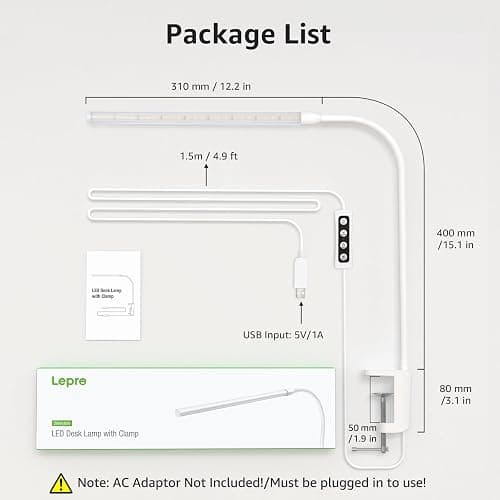 Lepro Small Desk Lamp with Clamp, LED Reading Lamps with 450LM, 3 Color Modes 10 Brightness, Dimmable USB Clip on Desk Light with Gooseneck Swing Arm for Nail, Home Office and Dorm (White) thumbnail 3