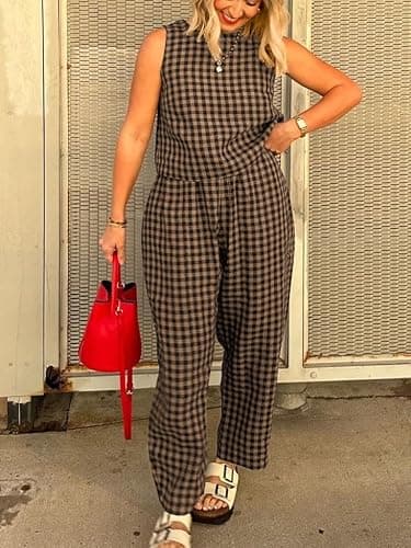 Melliflo Gingham Sets Women 2 Piece Outfits Sleeveless Plaid Loungewear Checkered Crop Tanks and Pant Sets with Pockets thumbnail 3