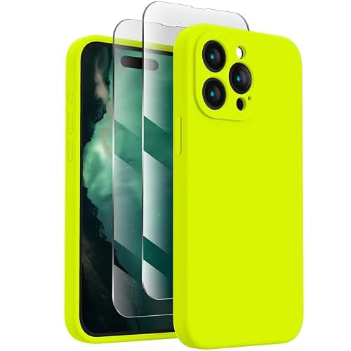 FireNova Designed for iPhone 15 Pro Case, Silicone Upgraded [Camera Protection] Phone Case with [2 Screen Protectors], Soft Anti-Scratch Microfiber Lining Inside, 6.1 inch, Fluorescent Green - Image 1