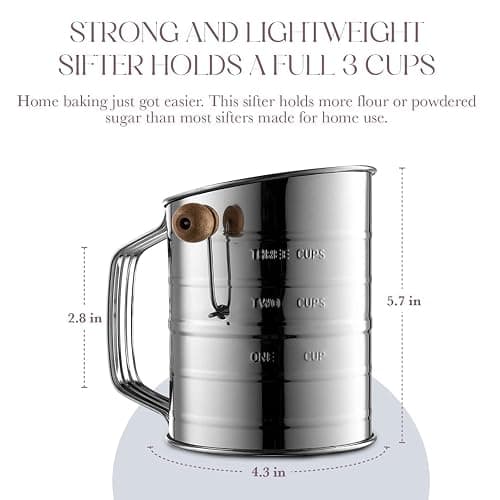 Bellemain 3 Cup Flour Sifter for Baking Fine Mesh Rotary Hand Crank with Loop Agitator for Quick Sifting, Flour Sifter Stainlees Steel thumbnail 2