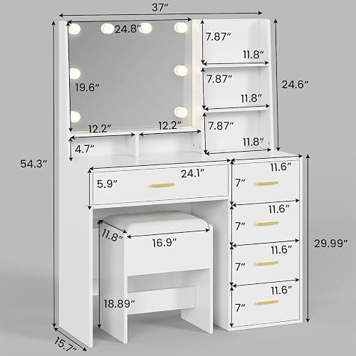 AOGLLATI Makeup Vanity Set with Lights, White Vanity Desk with Mirror and Lights, Makeup Vanity DeskTable with Cushioned Stool, Makeup Desk with Charging Station, Open Storage Shelves thumbnail 2