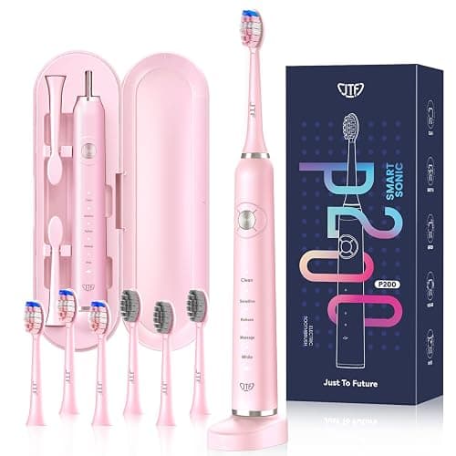 JTF Electric Toothbrush for Adults with 5 Professional Modes & Smart Timer | Portable Travel Case, 2 Types Soft or Firm Heads for Sensitive Teeth & Braces, Wireless Charging, IPX7, TSA-Friendly, Pink - Image 1