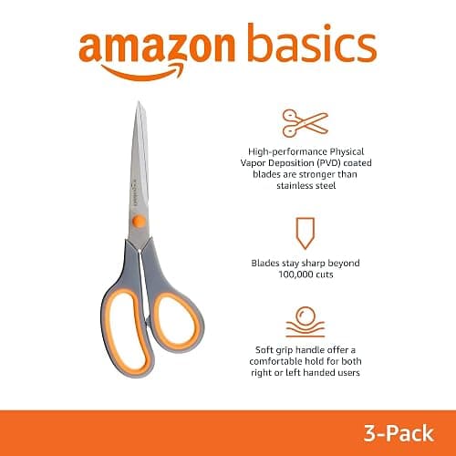 Amazon Basics Stainless Steel Scissors for Office, Crafts, Multipurpose, Sharp, Comfort Grip, PVD Coated, 3 Pack, Multicolor thumbnail 3