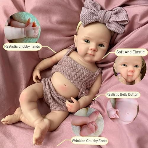 Yokyyi Reborn Baby Dolls Silicone Full Body 13 Inch Bettie Full Silicone Baby Doll Anatomically Correct that Realistic Soft Silicone Doll with Dark Pink Bow Dress thumbnail 3