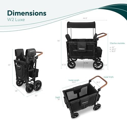 WONDERFOLD W2 Luxe Stroller Wagon (2 Seater) - Collapsible Wagon Stroller with Seats with Magnetic Buckle 5-Point Harnesses and Adjustable Sun Canopy, Volcanic Black thumbnail 2