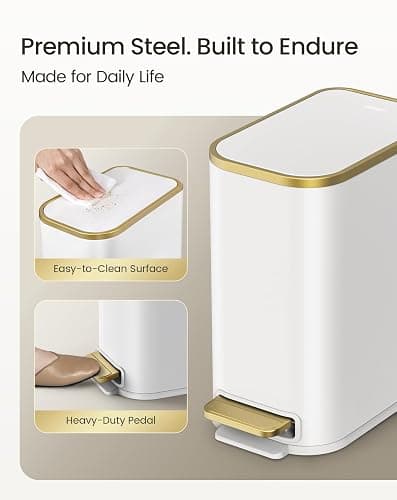 Cesun Small Bathroom Trash Can with Lid Soft Close, 5 Liter/1.3 Gallon Stainless Steel Garbage Can with Removable Inner Bucket, Step Pedal, Slim Waste Basket for Toilet, Office, Bedroom (White&Gold) thumbnail 5
