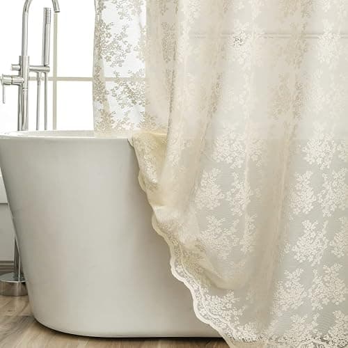 YJ YANJUN Ivory Lace Shower Curtain - Shabby Chic Flower Shower Curtain with Attached Valance, Luxury Lace for Bathroom, Farmhouse Bath Curtains, 72 x 72 Inch, Light Beige thumbnail 5