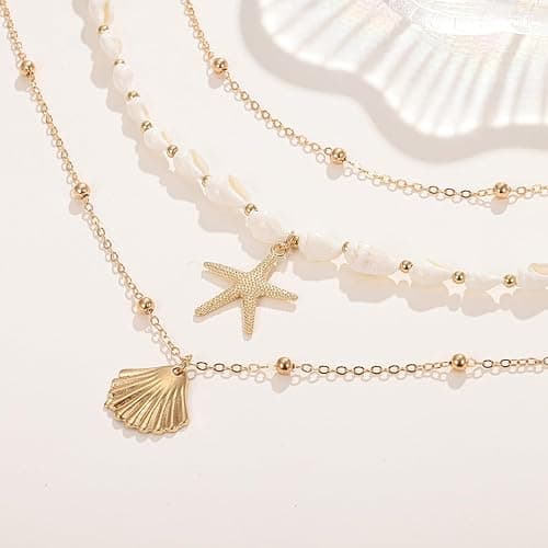 Seashell Starfish Necklace for Women Summer Pearl Beach Conch Shell 14k Gold Layered Dainty Choker thumbnail 5
