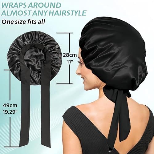 VECIIR Silk Bonnet for Sleeping Women, Ajustable Hair Bonnet for Curly Hair with Tie Band Shower Caps Black，Large thumbnail 5